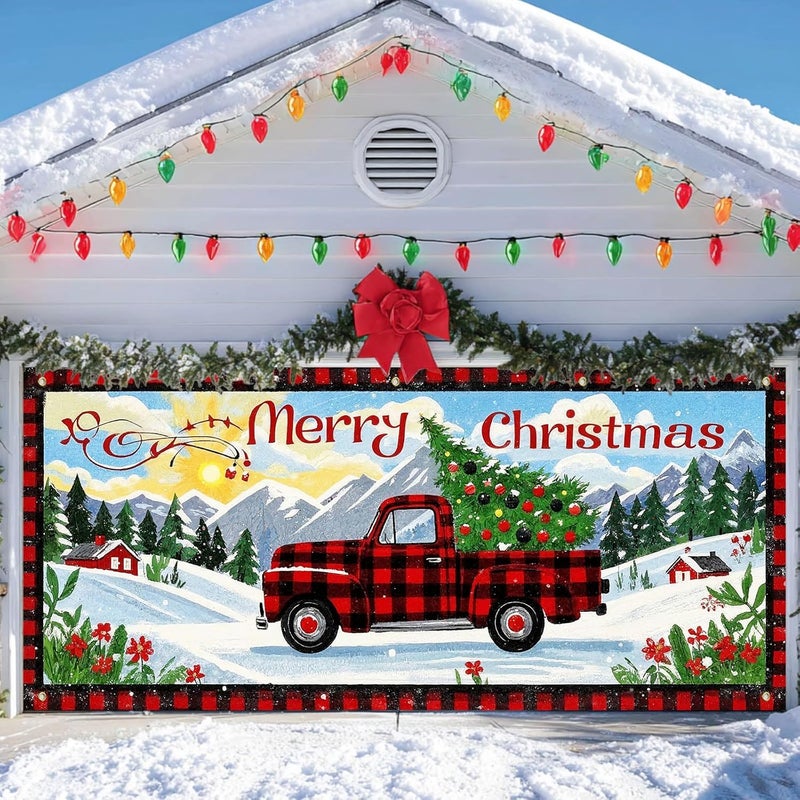 IVN Christmas Garage door banner Red Plaid Truck Christmas Tree Winter Mountain Scene Door Cover Indoor And Outdoor Studio Background Hanging Decoration 13x6ft - Image 5
